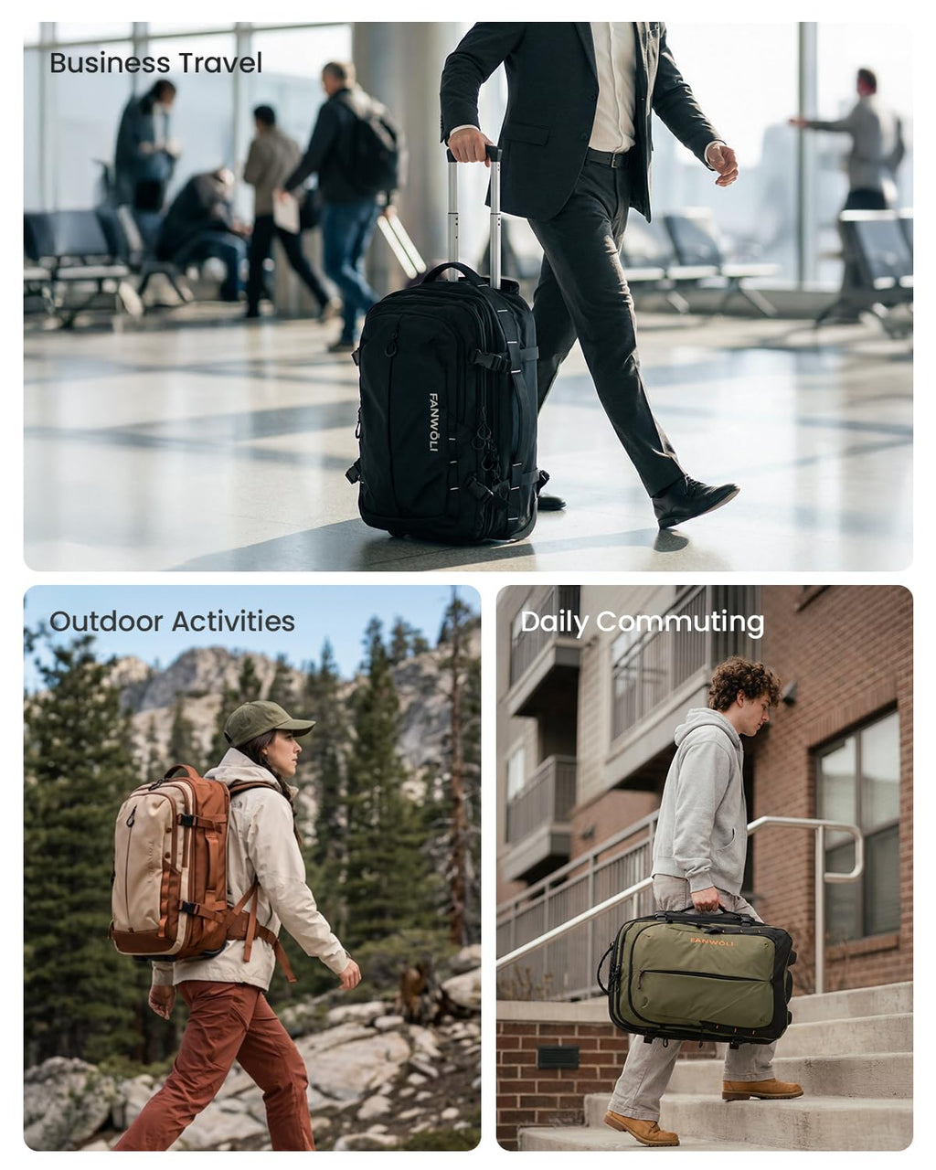 Fanwoli Rolling Vacuum Backpack Travel with One-Button Compression, 55L Expandable, Water Resistant Carry-On Suitcase Luggage, Ideal for Outdoor/Family/Trips