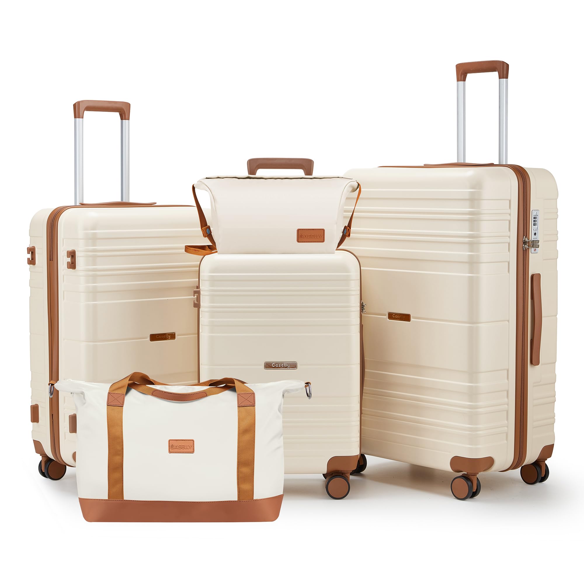 CASELLY Luggage Sets with spinner wheels, PC+ABS Hard Shell Travel Luggage,Lightweight Carry-on suitcases with TSA Lock,YKK Zippers (Beige, 5 piece sets(20/24/28/DB/TB))
