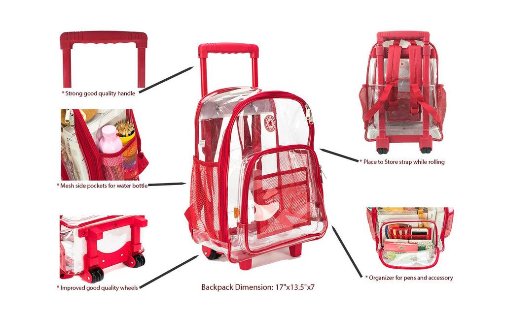 Rolling Clear Backpack Heavy Duty Bookbag Quality See Through Workbag Travel Daypack Transparent School Book Bags with Wheels Red
