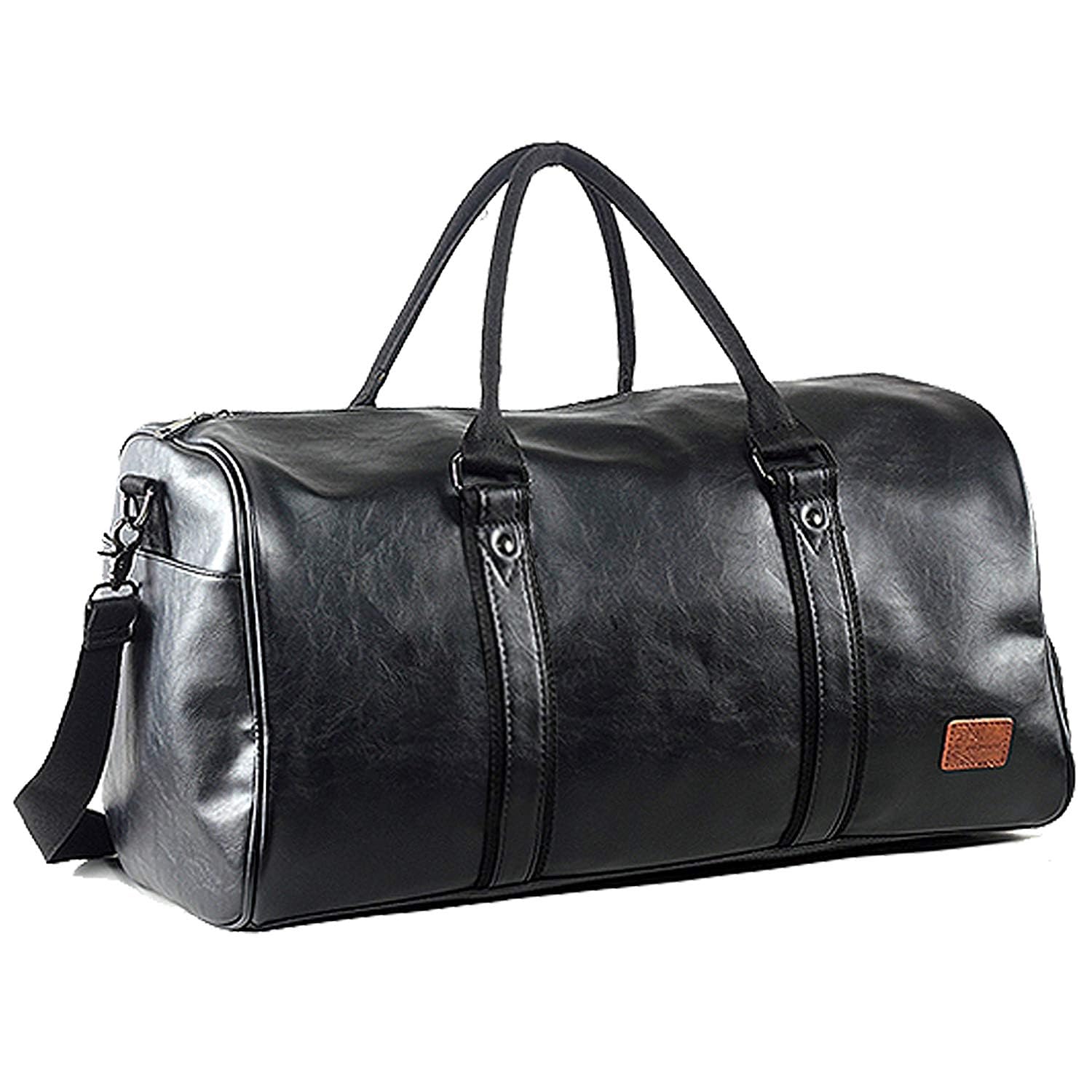 Leather Travel Bag with Shoe Pouch, Waterproof Weekender Overnight Bag, Carry On Duffel Bag for Men Women-Black