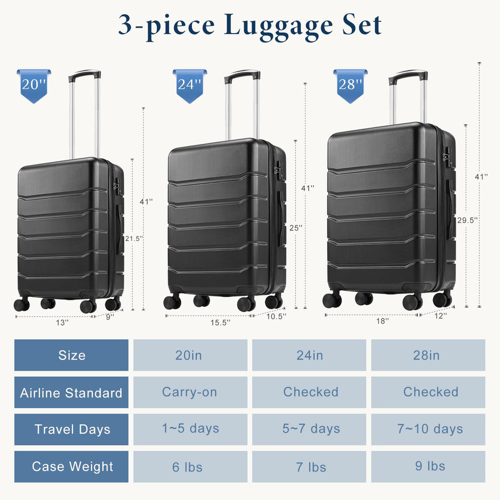 NEWBULIG 20 Inch Carry on Luggage, Lightweight Expandable Rolling Suit Case with TSA Lock, Hard Shell ABS Suitcase with Double Spinner Wheels, Black