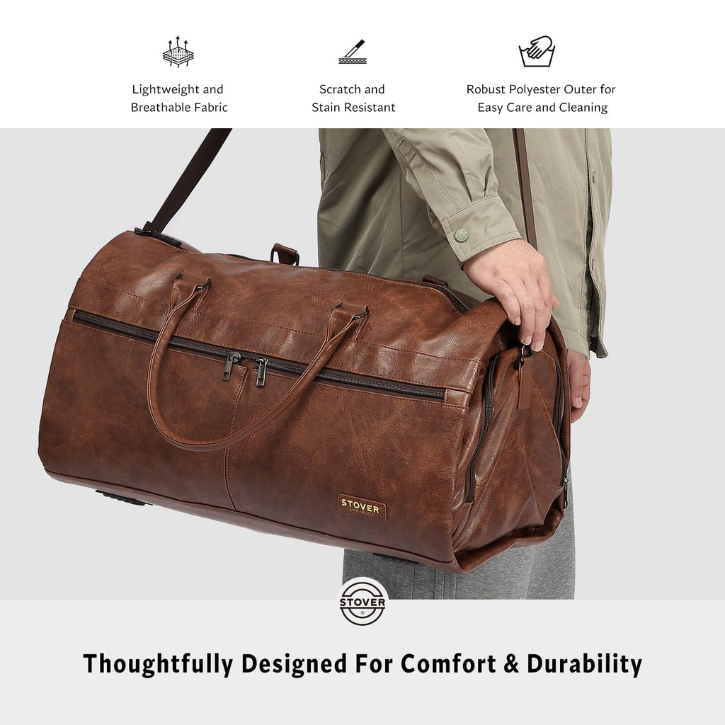 STOVER Garment Travel Duffle Bag, Large 2-in-1 Convertible Carry-on Luggage for Men & Women- Hanging Suits, Dresses & Clothes + Shoe Compartment- Weekender Tote Combo Duffel (Brown Leatherette)