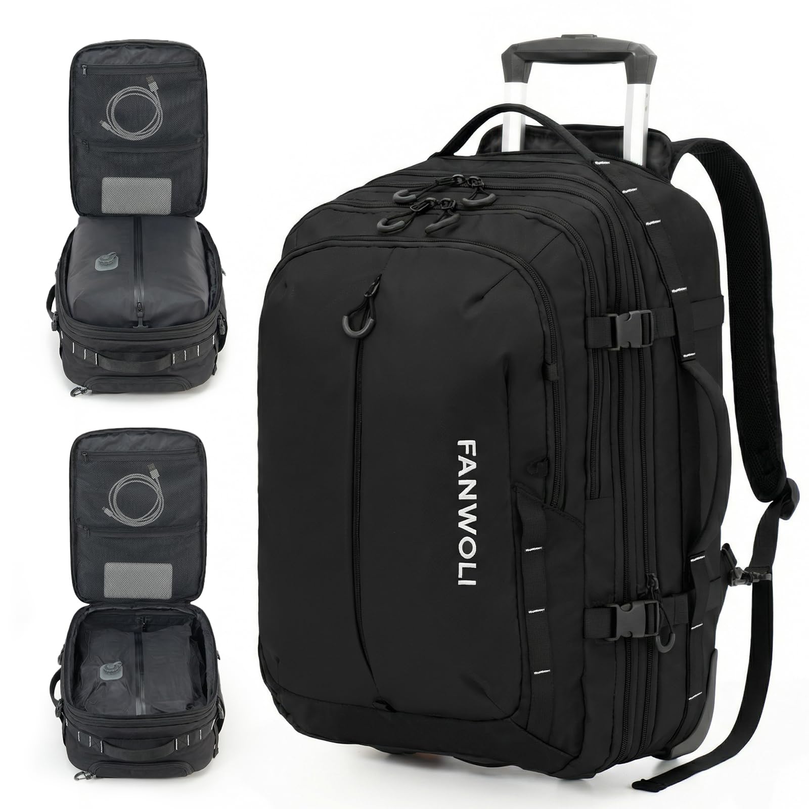 Fanwoli Rolling Vacuum Backpack Travel with One-Button Compression, 55L Expandable, Water Resistant Carry-On Suitcase Luggage, Ideal for Outdoor/Family/Trips
