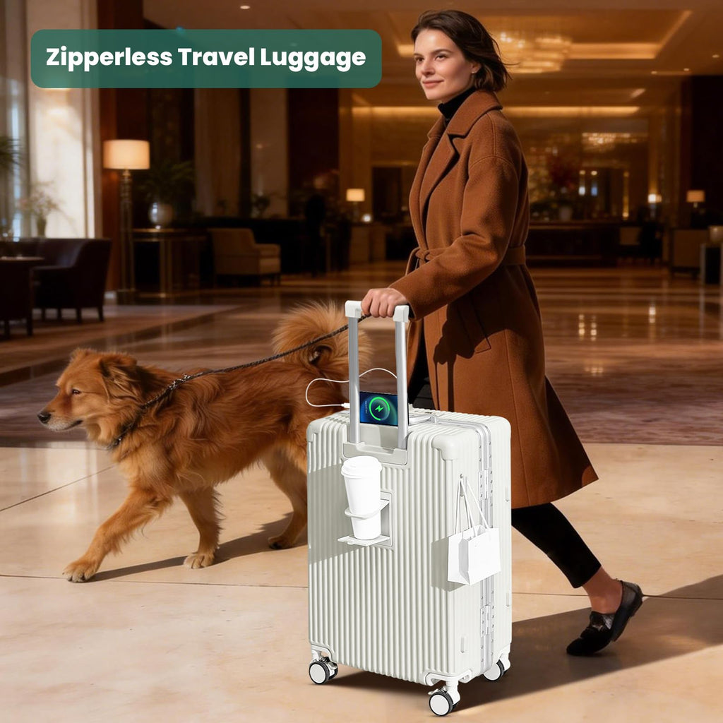 Faqy Z 20 Inch Aluminum Frame Carry On Luggage with Front Pocket, USB Port, Phone Holder & Cup Holder, Hard Shell Spinner Suitcase for Airplane Travel, White