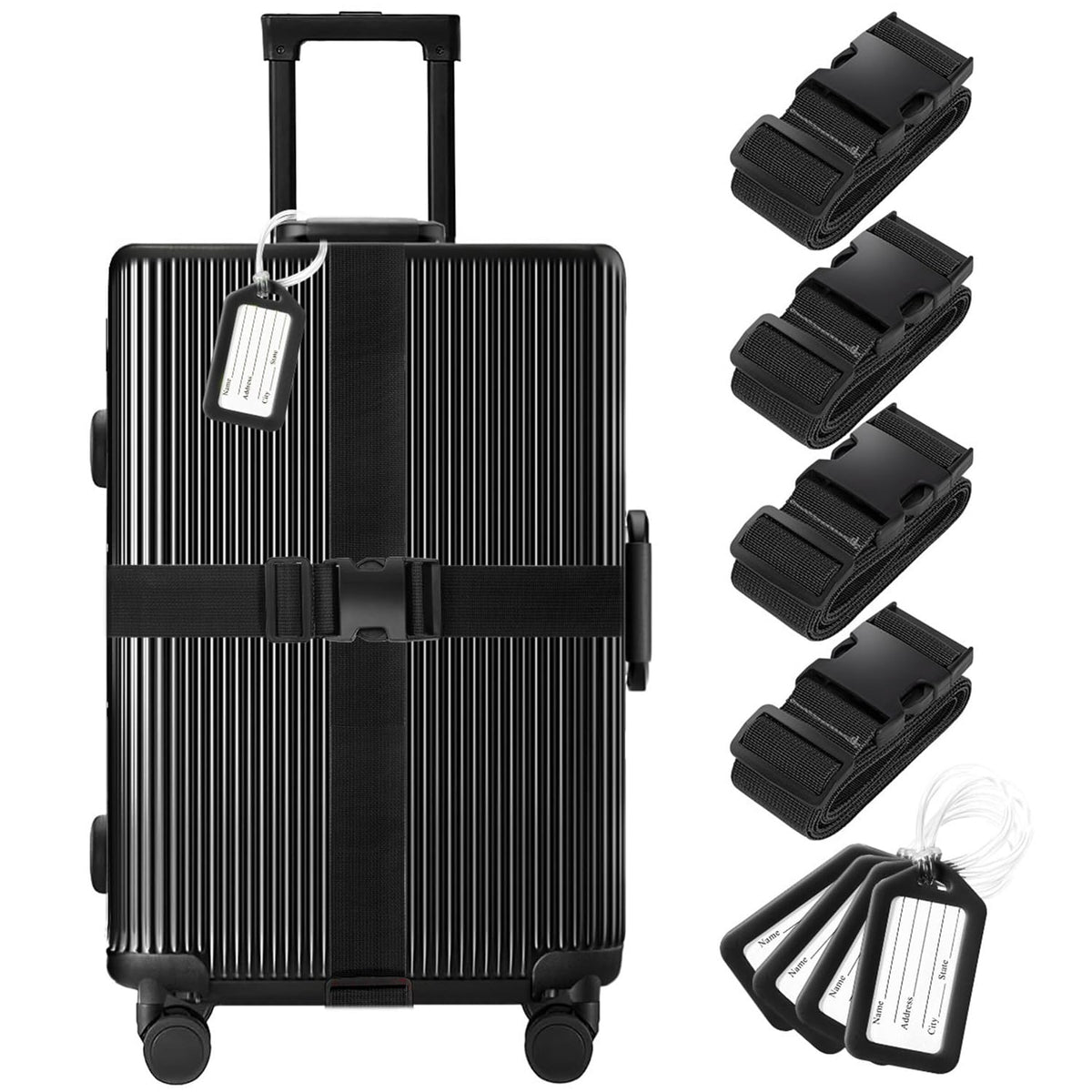 8 Pack Luggage Straps and Tags Set (4 Straps, 4 Tags), Luggage Straps for Suitcases TSA Approved Suitcase Belt Luggage Tags, Black