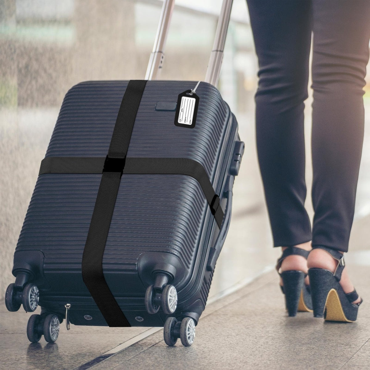 8 Pack Luggage Straps and Tags Set (4 Straps, 4 Tags), Luggage Straps for Suitcases TSA Approved Suitcase Belt Luggage Tags, Black