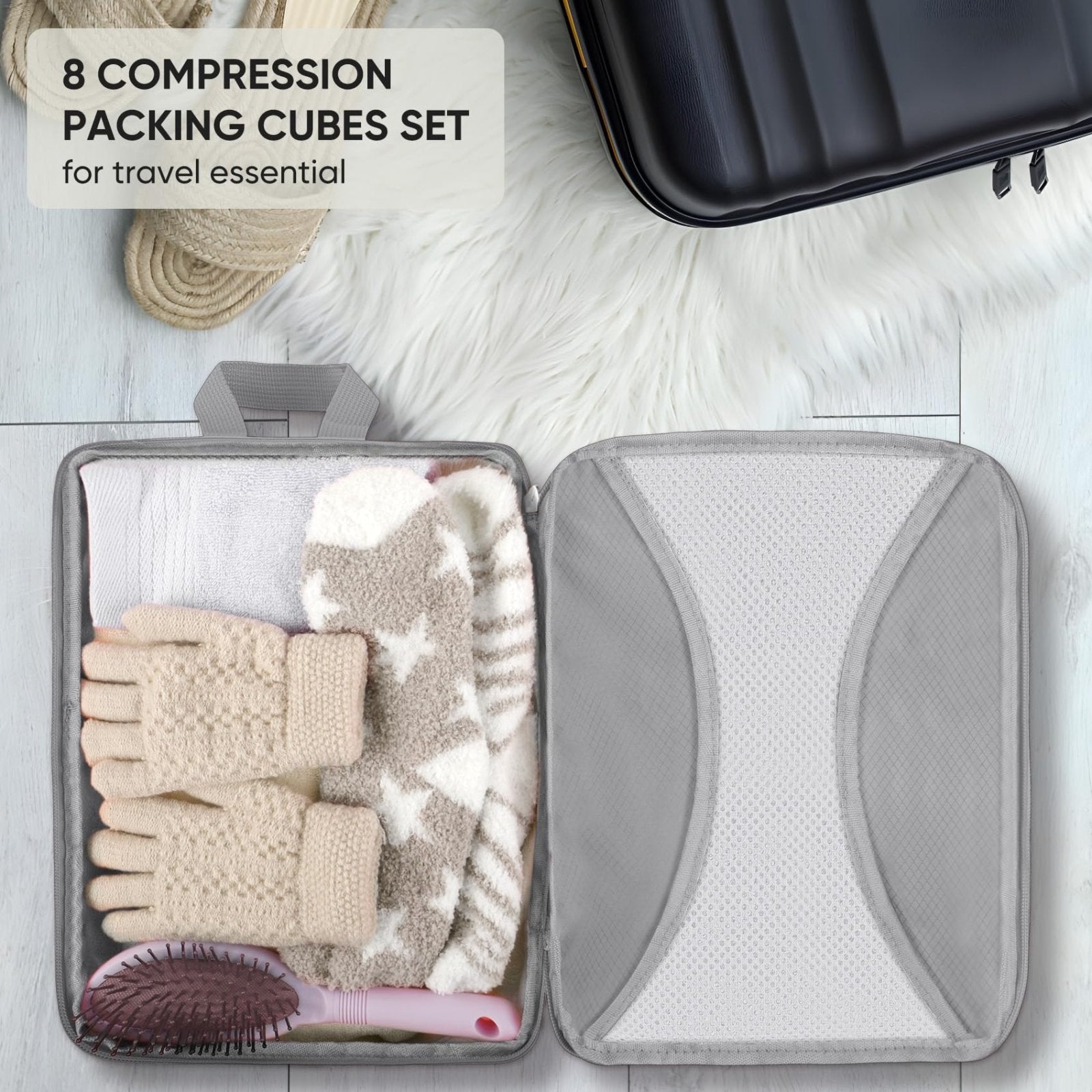 8 Set Compression Packing Cubes for Travel, Compression Bags for Travel Expandable Travel Packing Organizers for Carry on Suitcase Travel Bags Organizer for Luggage (Gray)