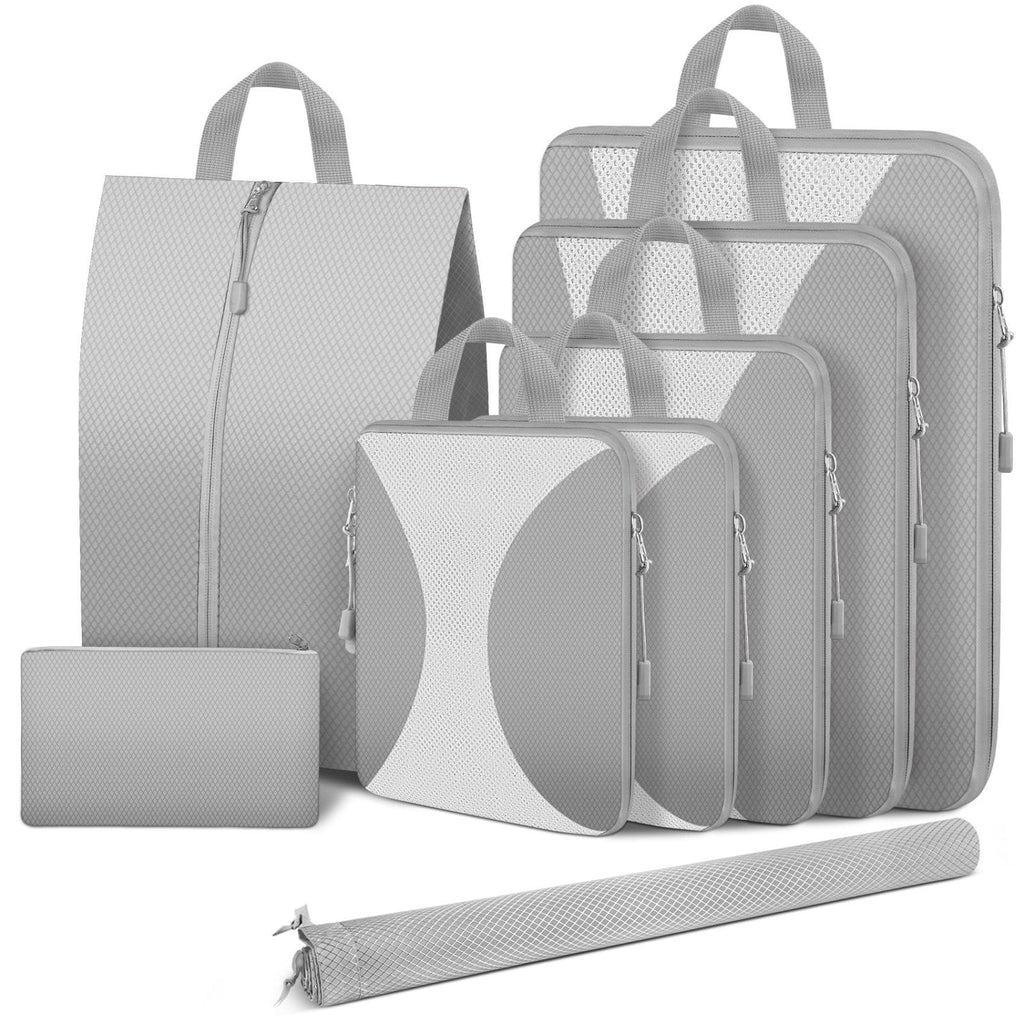 8 Set Compression Packing Cubes for Travel, Compression Bags for Travel Expandable Travel Packing Organizers for Carry on Suitcase Travel Bags Organizer for Luggage (Gray)