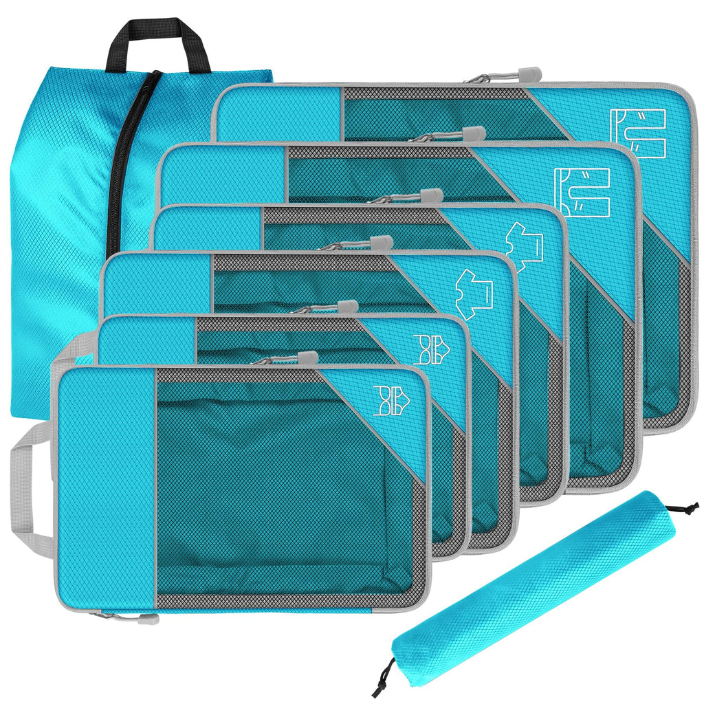 8 Set Compression Packing Cubes for Travel, Expandable Luggage Organizer with Shoe Bag & Laundry Bag - Lightweight Suitcase & Backpack Travel Essentials (Sky Blue)