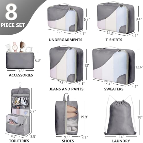 8 Set Packing Cubes for Travel, Grey