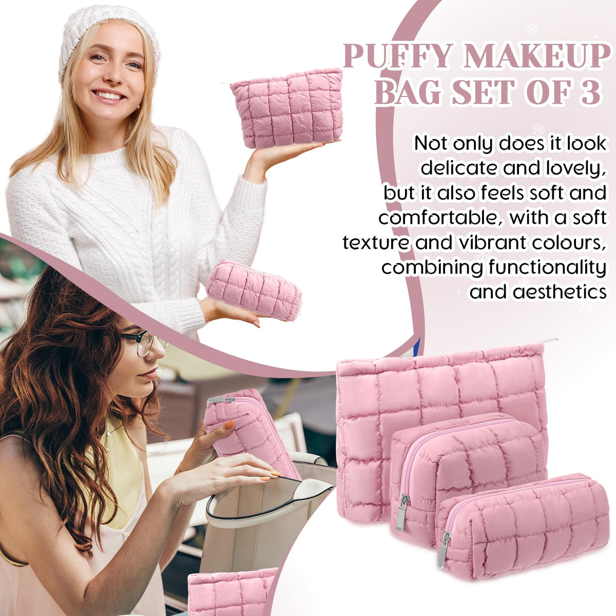 Huhumy 3 Pcs Puffy Makeup Bag Quilted Cosmetic Pouch for Women Cute Checkered Travel Toiletry Bag Puffer Makeup Organizer Purse Pouch Preppy Pencil Case with Zipper