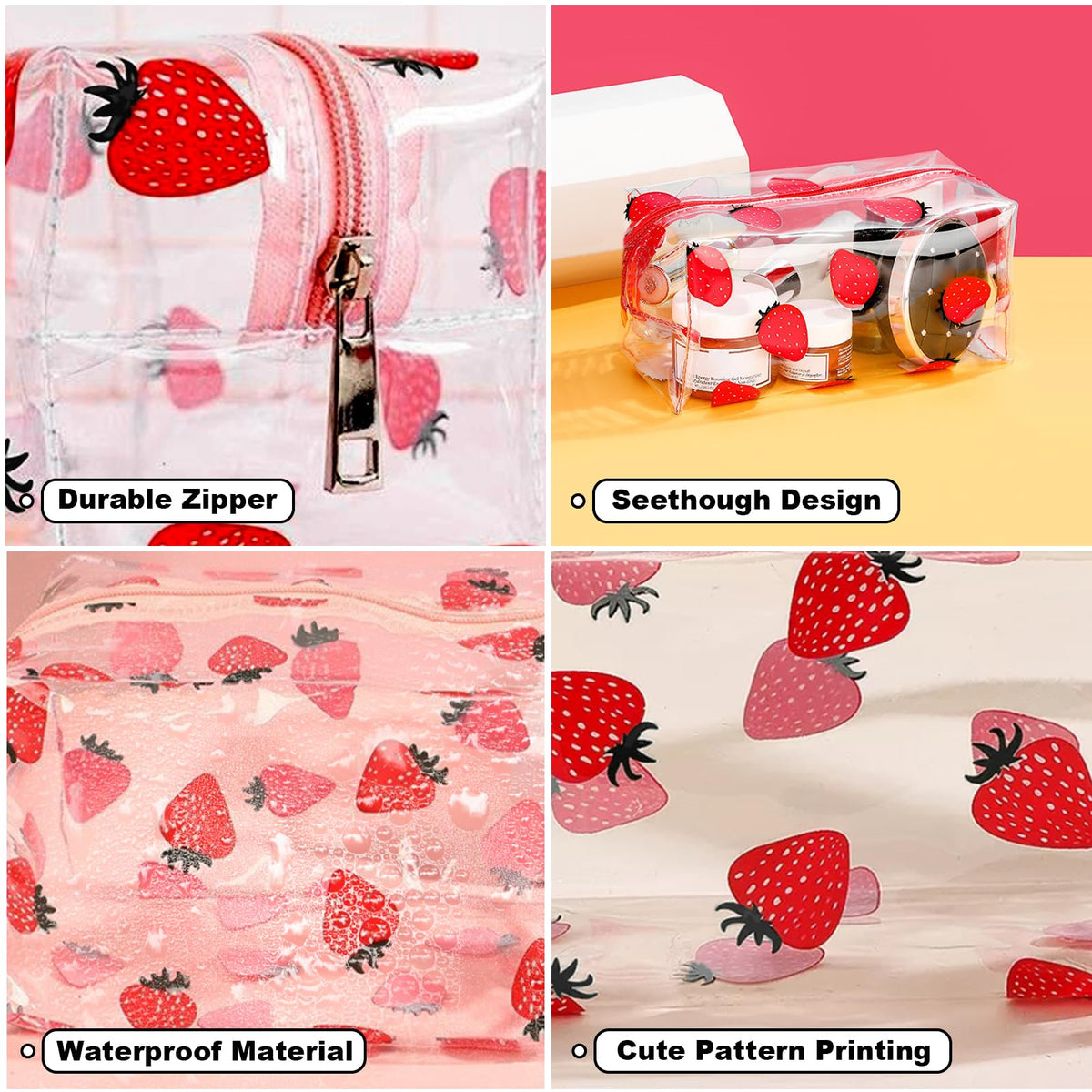 CarryEpic Clear Makeup Bag, Small Clear Toiletry Bag for Travel, Cosmetic Makeup Organizer Bags with Zipper, Plastic PVC Pouch Transparent Zip for Purse Reusable TSA Approved Quart Size (Strawberry)