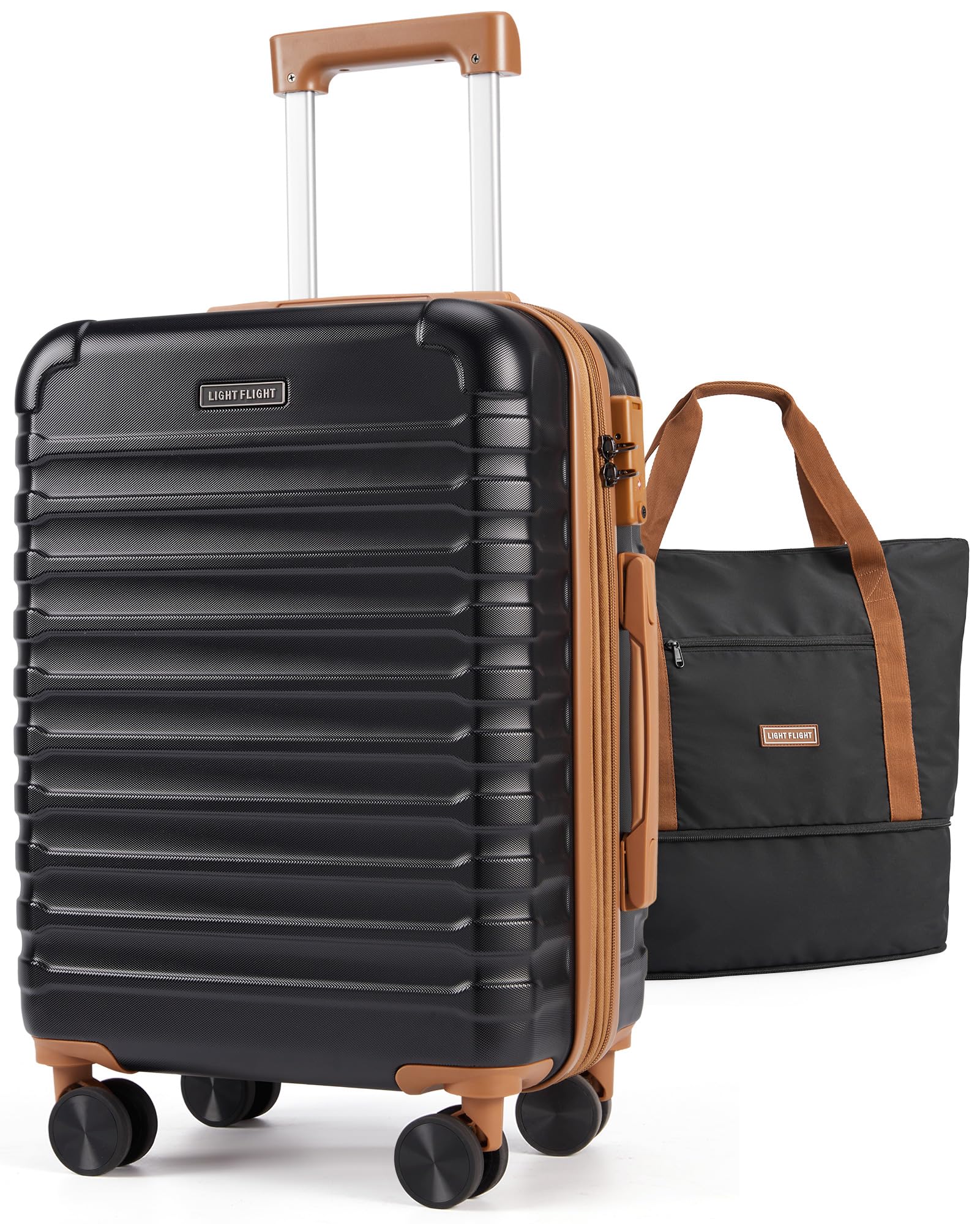 LIGHT FLIGHT Luggage Sets, Carry On Luggage 22x14x9 Airline Approved, Carry On Travel Bag Suitcases with Wheels, Expandable Hardside Lightweight Rolling with TSA Lock 2-Piece Set (DB/20),Black/Brown