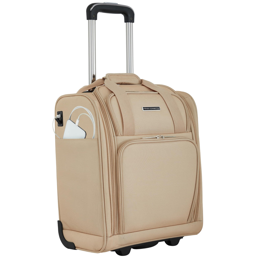 French Connection 16" Underseat Carry-On Luggage with USB/USB-C Ports, Toasted Almond