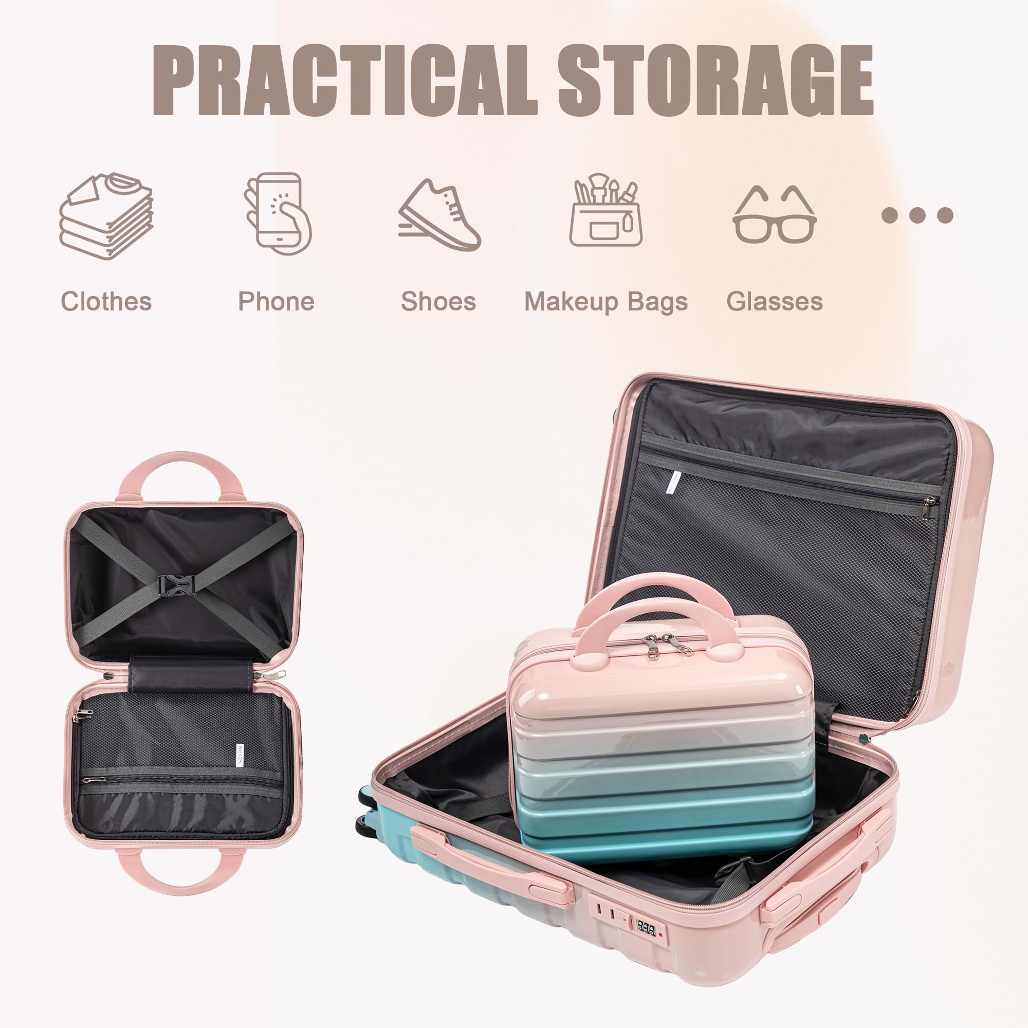 Zentrava 2 Piece Hardshell Luggage Set, Lightweight Durable Carry-On Luggage with Spinner Wheels, 20 Inch ABS Luggage with 14 Inch Cosmetic Case for Travel, Women, Girls (Blue Pink)