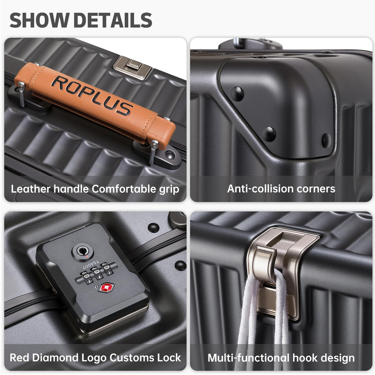 ROPLUS Aluminium Frame Carry on Luggage with Smooth Jelly Wheels, Hardside Zipperless Rolling Suitcase with TSA Lock (Grey, 21-Inch)