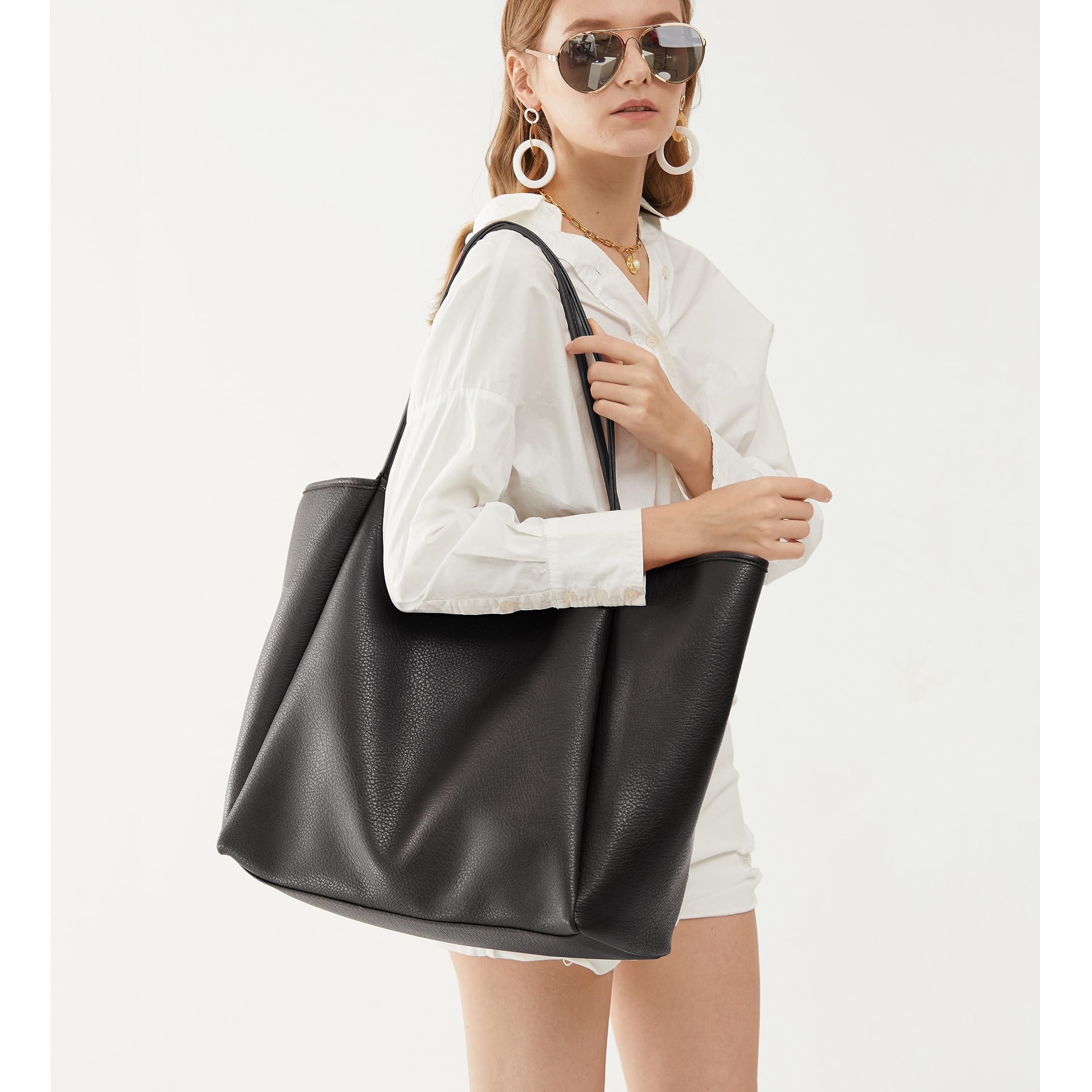 Oversize Pu Leather Tote Women Weekender Bag Shopper Handbag Travel Purse (Black)