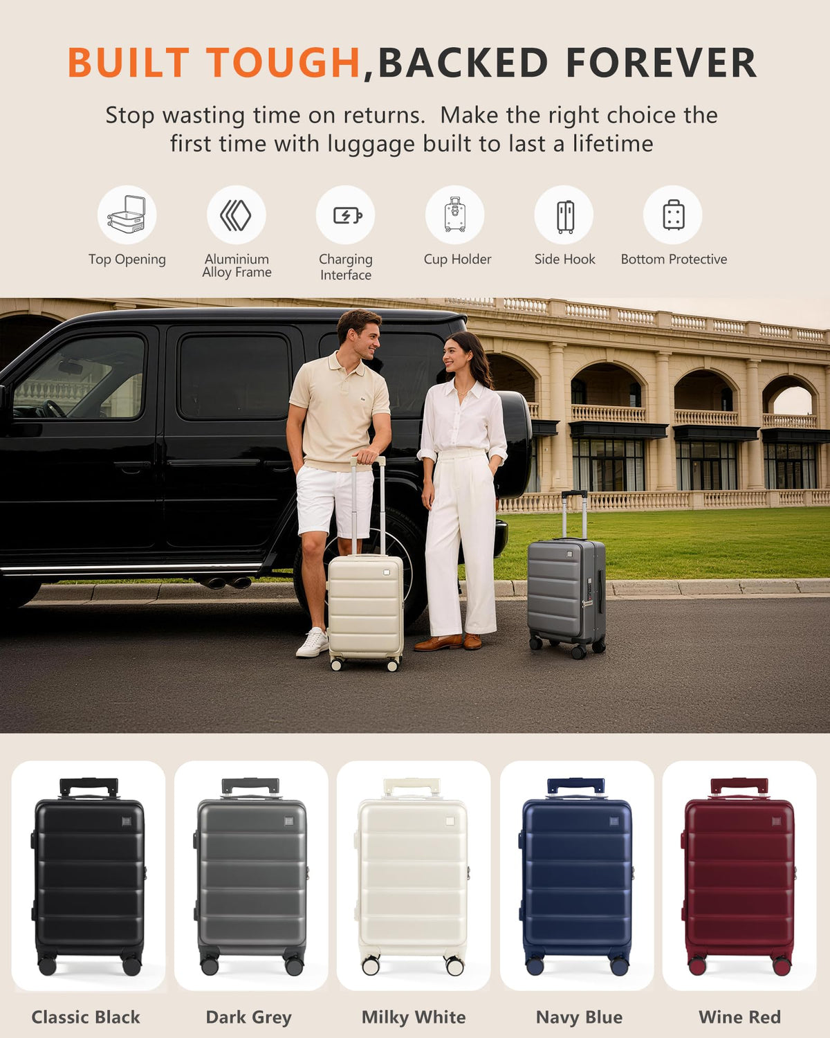 ISLAND ELEPHANT 21IN Carry On Luggage Airline Approved - Top Opening Aluminum Frame Hardside 100% PC Suitcase -with TSA Lock,Cup Holder,USB Charge,Side Pothook, 360°Spinner Wheels-White