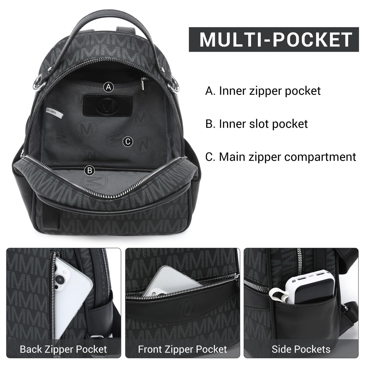 VANSARTO Mini Backpack Purse for Women Multi Pocket Small Backpacks Ladies Convertible Shoulder Handbags Designer Travel Backpack with Wide Strap (Black)