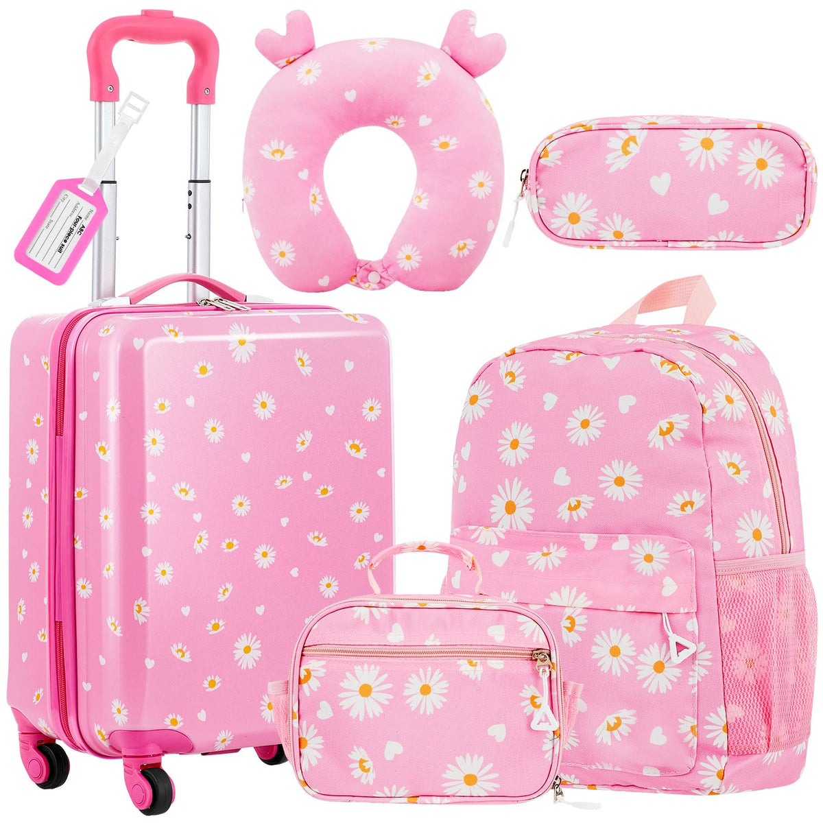 Redbaker 17 Inch 6 Pcs Kids Luggage Set Kids Rolling Luggage Double Pattern Suitcase for Boys Girls (Light Pink, Leopard Print Style)