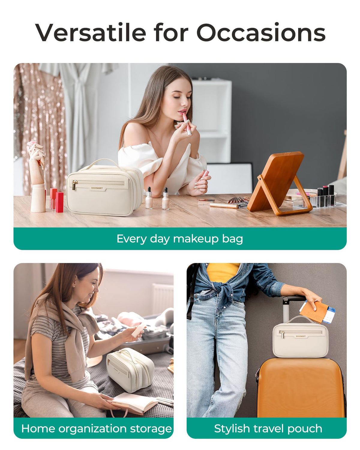 BAGSMART Travel Makeup Bag, Make Up Bag with Multiple Compartments for Organizer, Durable & Compact Cosmetic Organizer for Women for Travel Accessories (Beige)