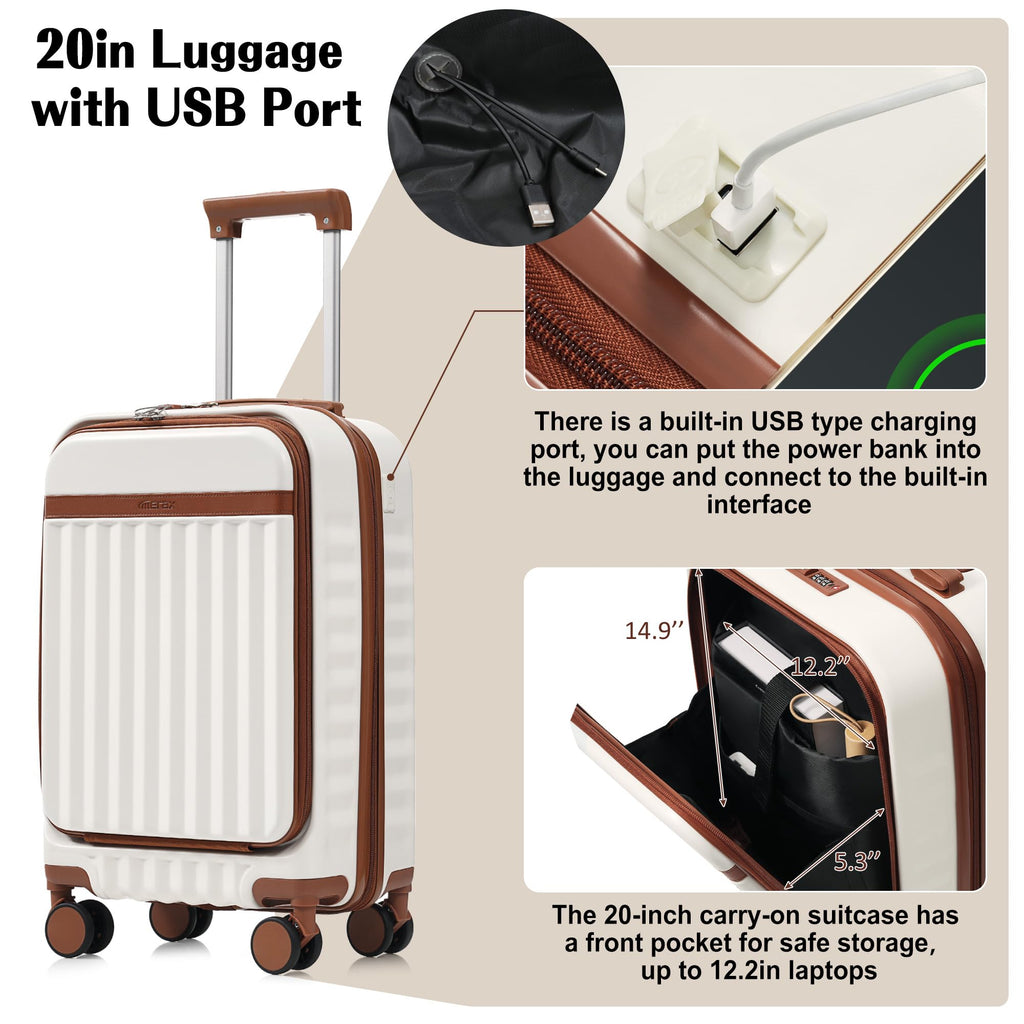 Hardshell Luggage, Lightweight Suitcase with Spinner Wheels, WHITE BROWN+USB