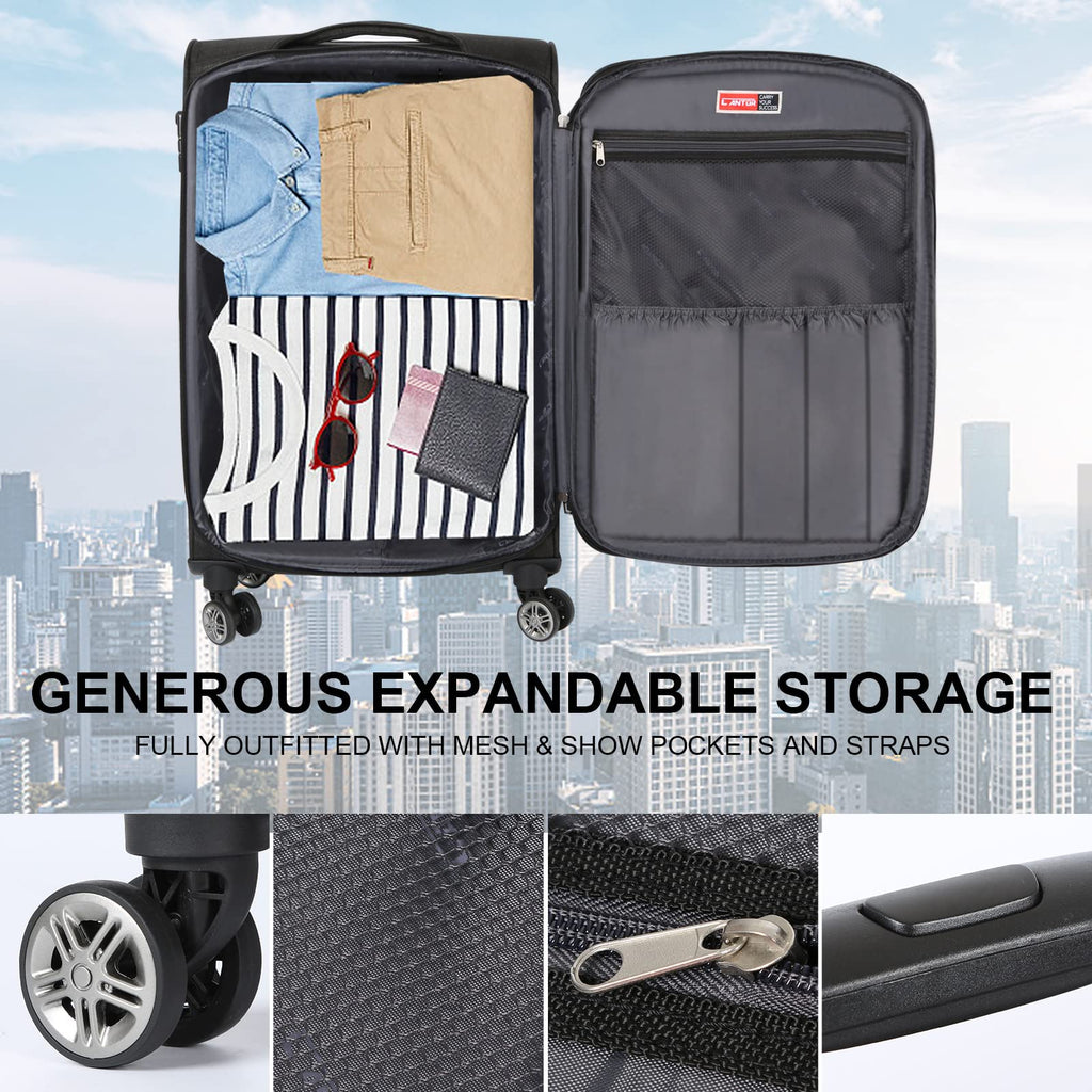 Cantor Ultra Lightweight Softside Luggage with Spinner Wheels, Set of 3, Expandable Suitcase with Retractable Handle and ID Tag, and Interlocking Zippers with TSA Lock (Grey)