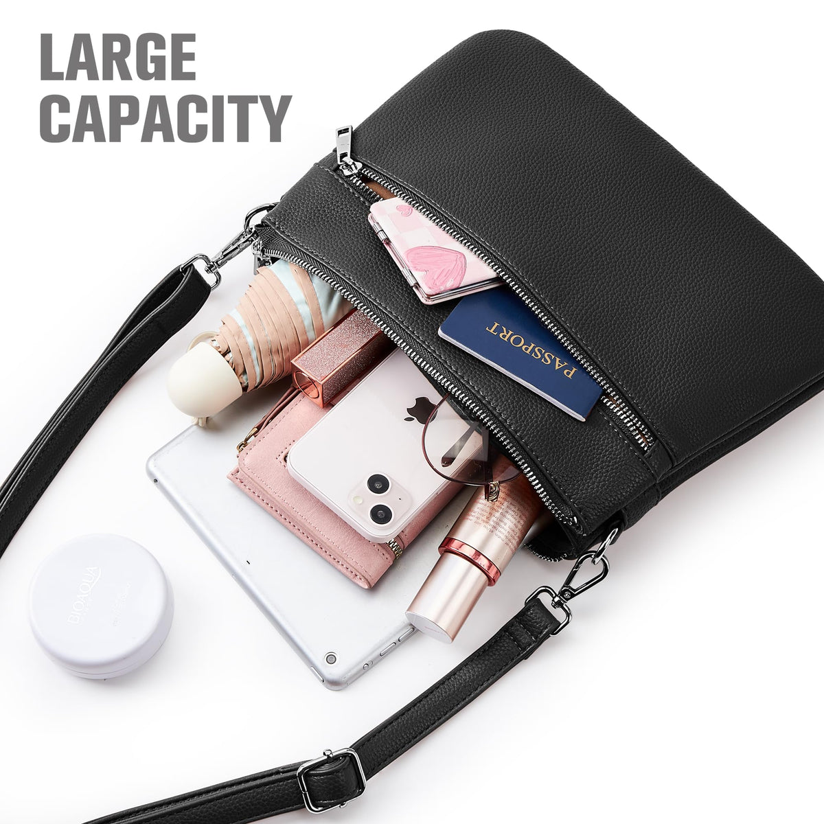 KALIDI Crossbody Bag Vegan Leather Casual Zipper Work Bag Weekender Hobo for Women shoulder Travel Dating Black