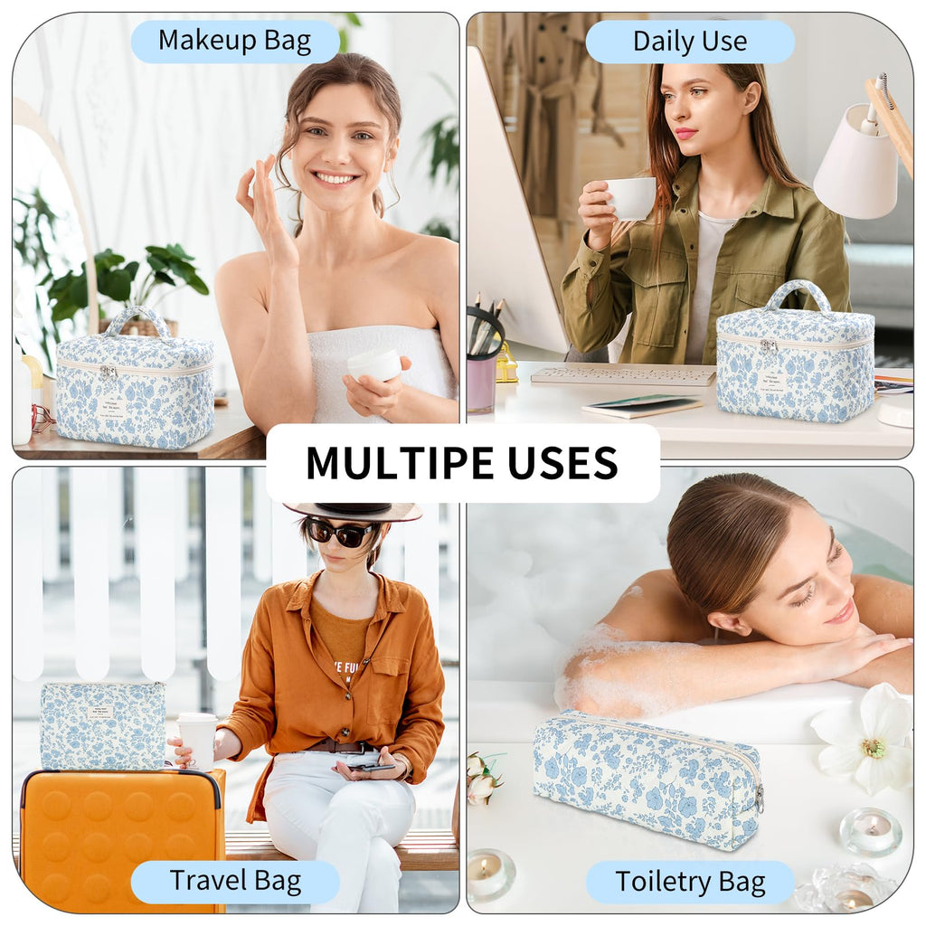 senbowe Floral Makeup Bag, 3 Pack Large Cotton Quilted Makeup Bag Set, Cute Floral Coquette Aesthetic Toiletry Bag Make Up Cosmetic Bag for Women, Toiletry Travel Make Up Organizer Bag