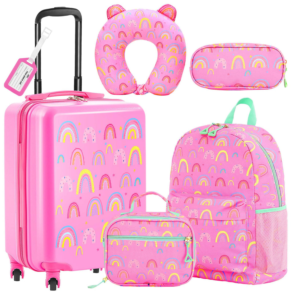 Redbaker 17 Inch 6 Pcs Kids Luggage Set Kids Rolling Luggage Double Pattern Suitcase for Boys Girls (Dusty Pink, Rainbow Style)
