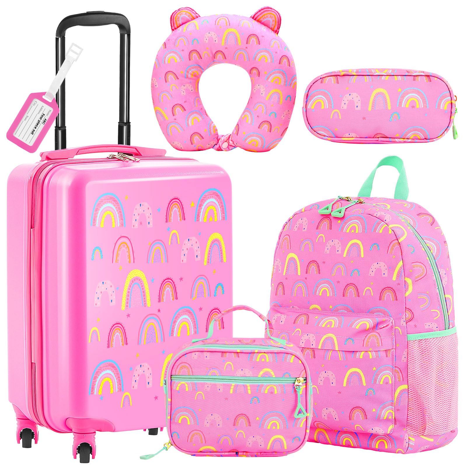 Redbaker 17 Inch 6 Pcs Kids Luggage Set Kids Rolling Luggage Double Pattern Suitcase for Boys Girls (Dusty Pink, Rainbow Style)