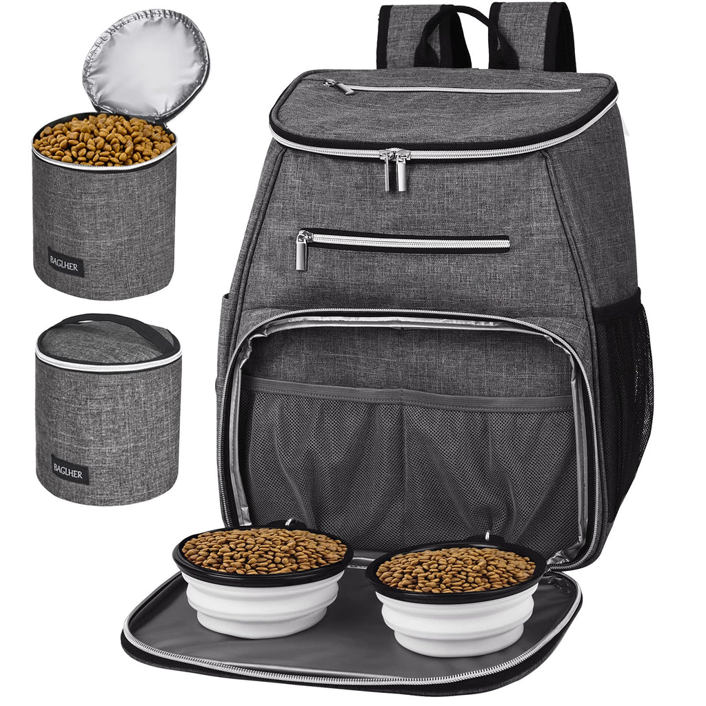 BAGLHER 丨Dog Travel Bag Backpack, Airline Approved Pet Supplies Backpack, Dog Travel Backpack with 2 Silicone Collapsible Bowls and 2 Food Baskets Grey