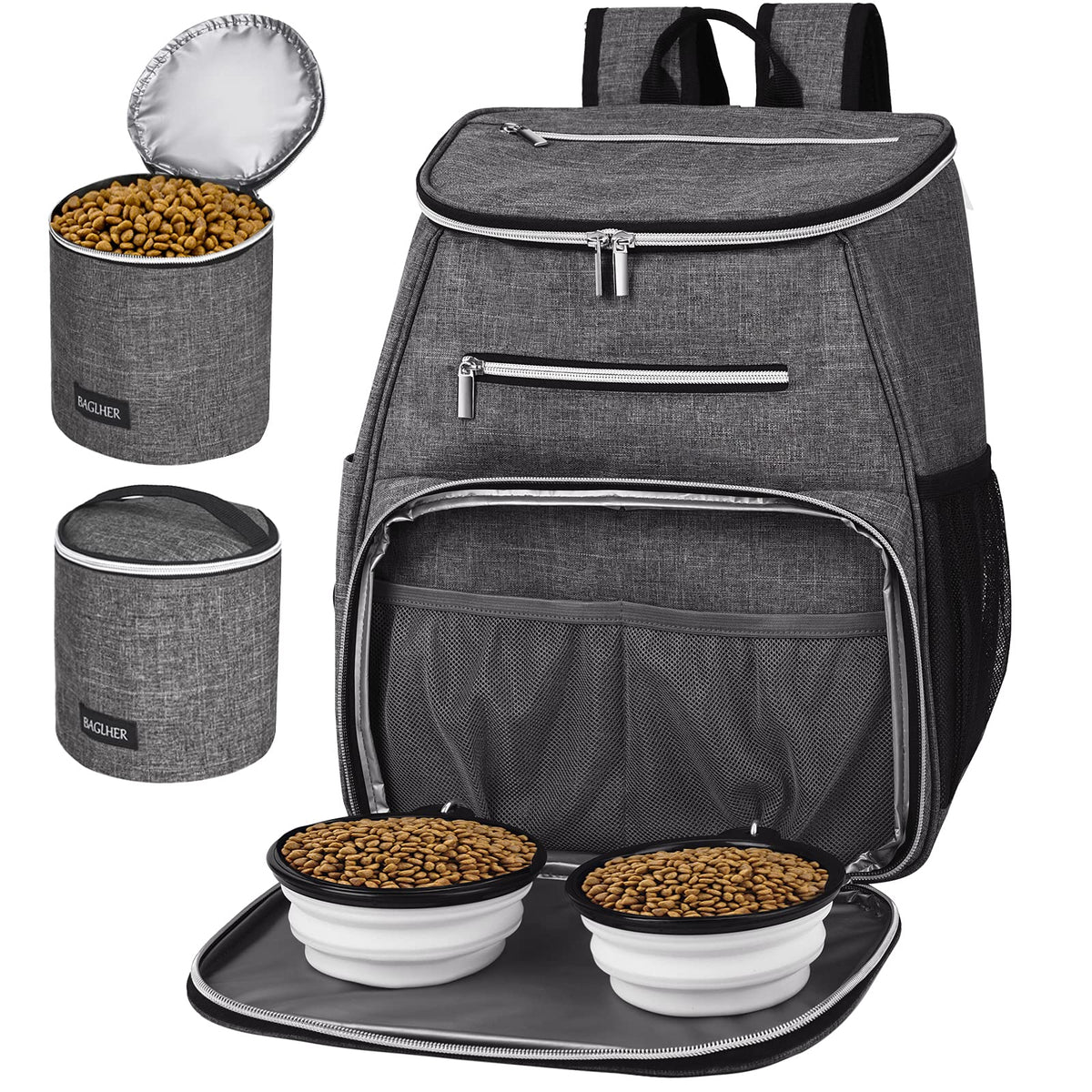 BAGLHER 丨Dog Travel Bag Backpack, Airline Approved Pet Supplies Backpack, Dog Travel Backpack with 2 Silicone Collapsible Bowls and 2 Food Baskets Grey