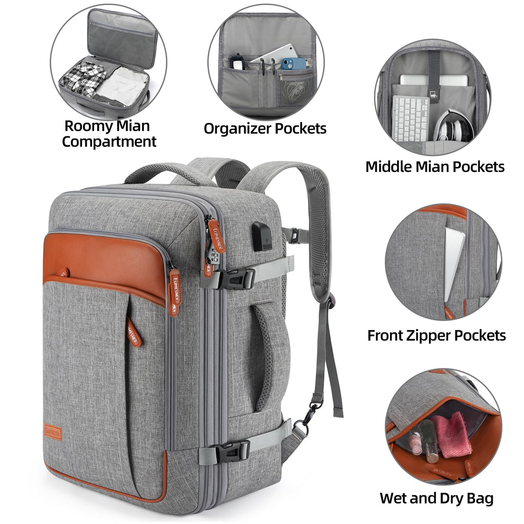BAGPARKK Travel Laptop Backpack,42L Carry on Luggage, Flight Approved Expandable Backpack,Business Anti Theft Weekender Bags for Women Men, Water Resistant Expandable Backpacks With 4 Packing Cubes