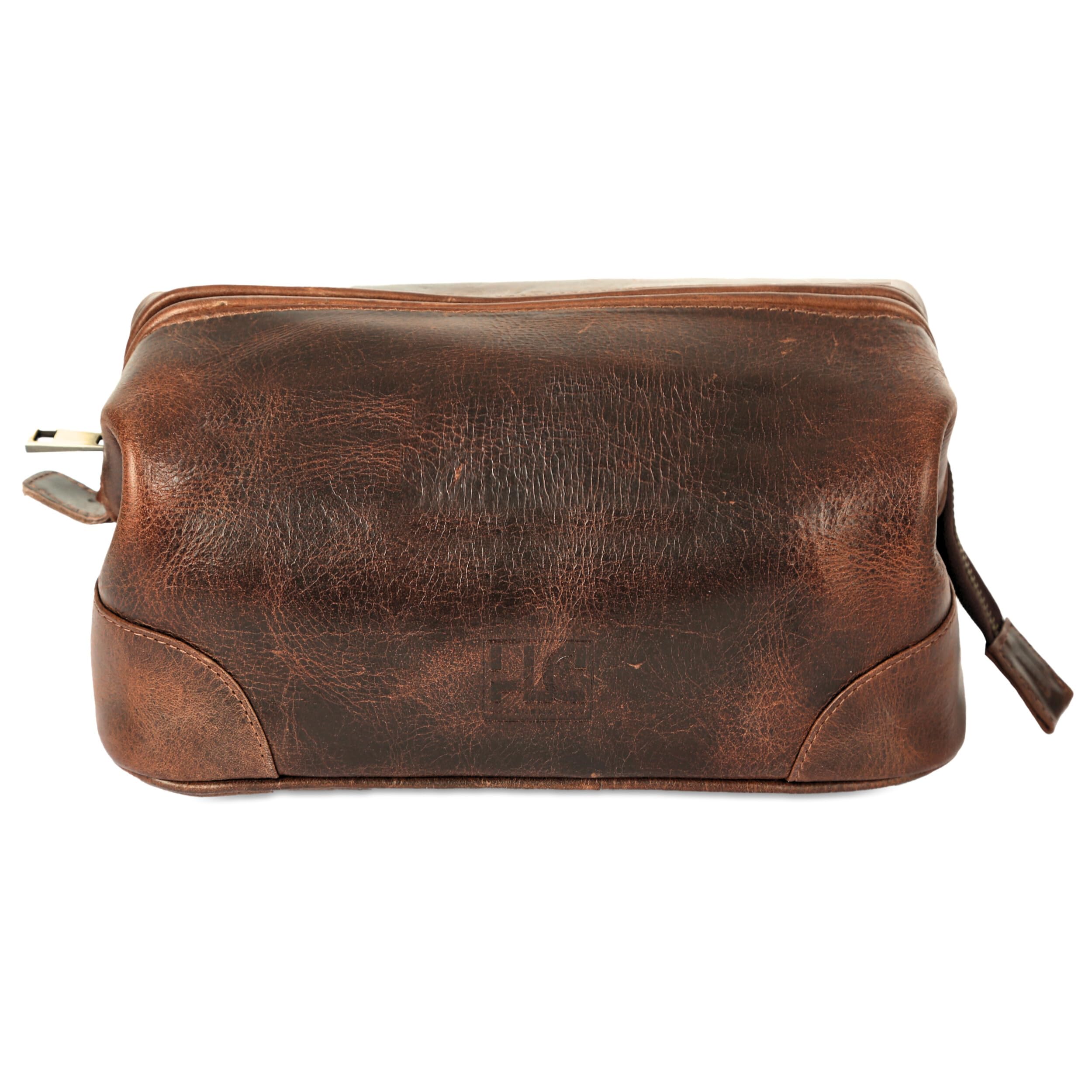 HLC Leather Toiletry Bag for Men Best Gift Premium Genuine Dopp Kit Shaving Kit Organizer Travel Kit Pouch Bag 10 inch Size (Brown)