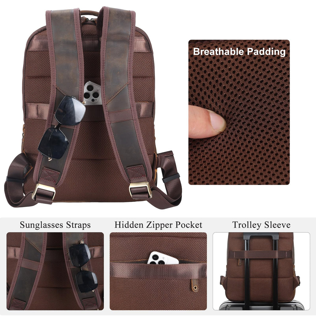 TIDING Leather Laptop Travel Backpack for Men Fits 15.6" 16" Computer, Large Business Work Bag Vintage Overnight Weekender Daypack Camping Rucksack