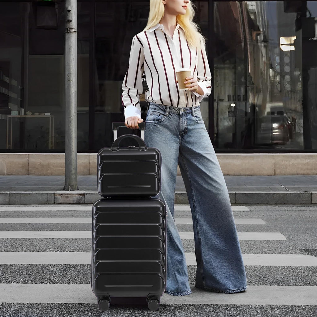 Luccalily 2-Piece ABS Hard Shell Lightweight Carry-On Luggage Set (14" & 20"), 360-Degree Spinner Wheels, Adjustable Telescopic Handle and Combination Lock for Travel, Black