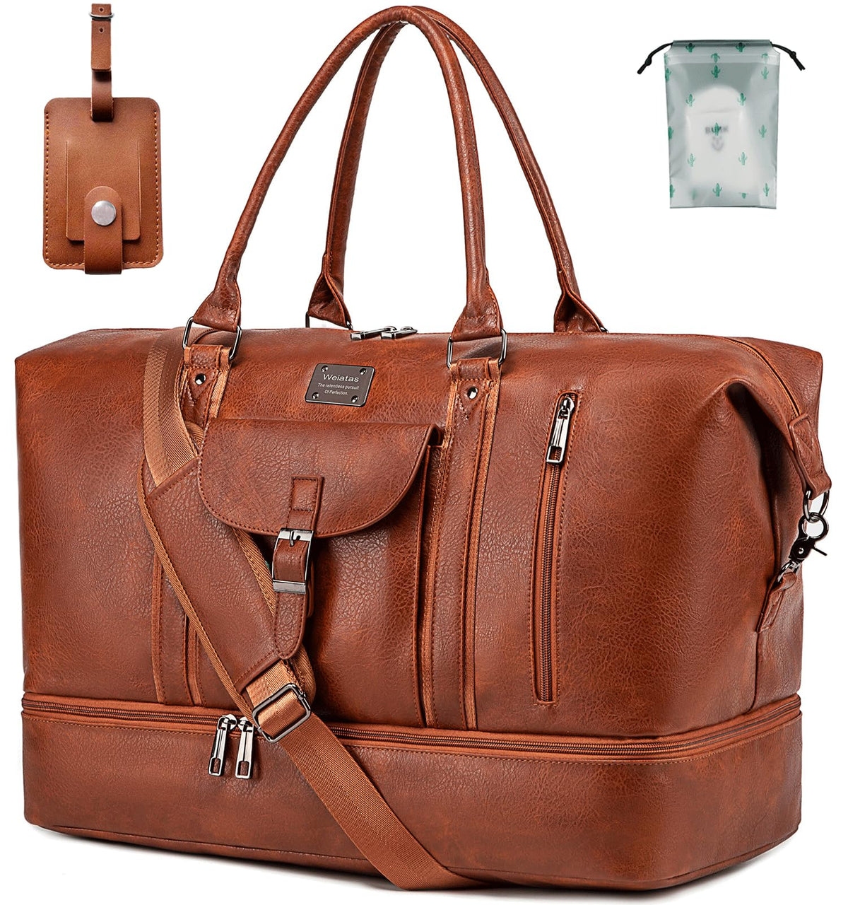 weiatas Faux Leather Travel Duffel Bag for Women Men, Large Weekender Overnight Bag with Shoes Compartment, Waterproof Carry On Bag Travel Tote Bag Gym Bag with Luggage Strap (Brown)