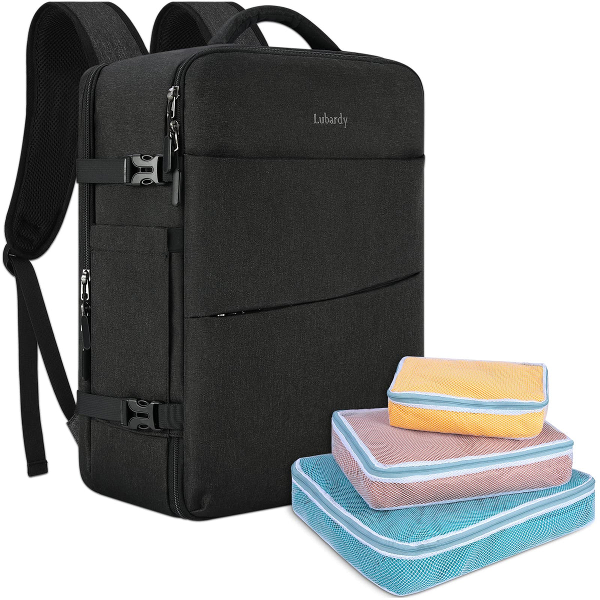 Lubardy Travel Backpack for Men Women 17 Inch Flight Approved Carry on Backpack Waterproof Large 40L Luggage Daypack Business College Weekender Overnight Laptop Backpack with 3 Packing Cubes, Black
