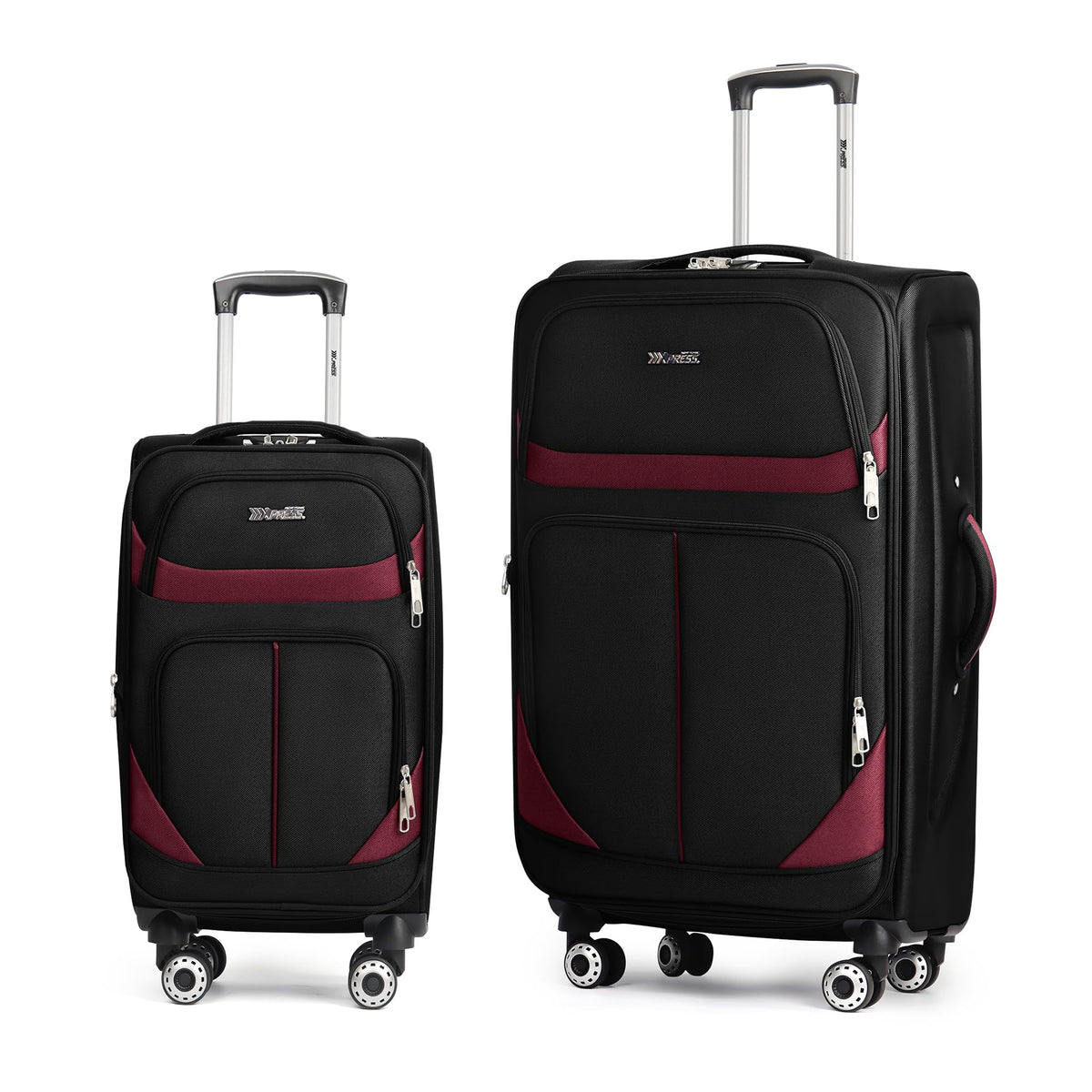 New York XPress 2-Piece Set Front Opening,Softside Luggage Sets w/Double Spinner Wheels Expandable Luggage,Lightweight Travel Luggage Rolling Suitcase w/LOCK（Black-Burgundy,20in/28in）