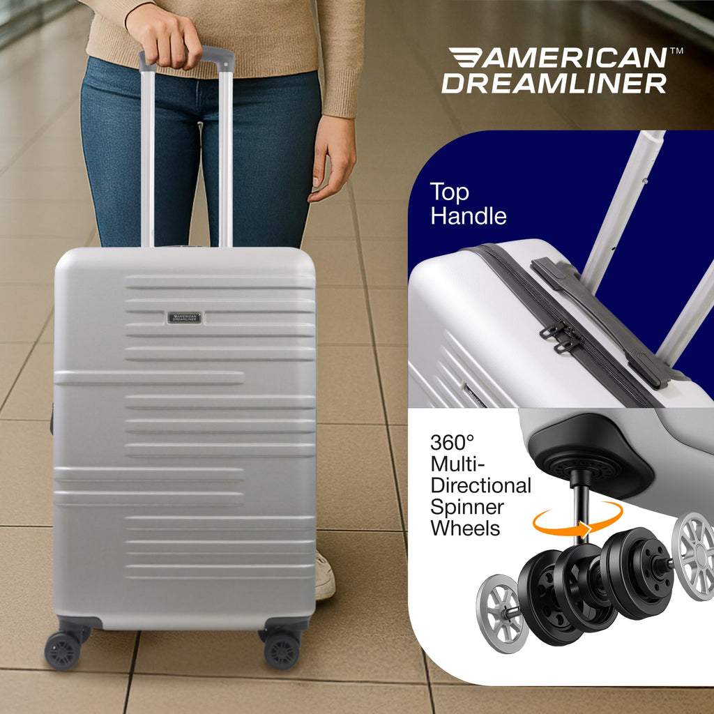 American Dreamliner 3 Piece Set Rolling Luggage, Hardshell Suitcases with Spinner Wheels, 22.5, 26.5, and 30 Inch, Silver Grey