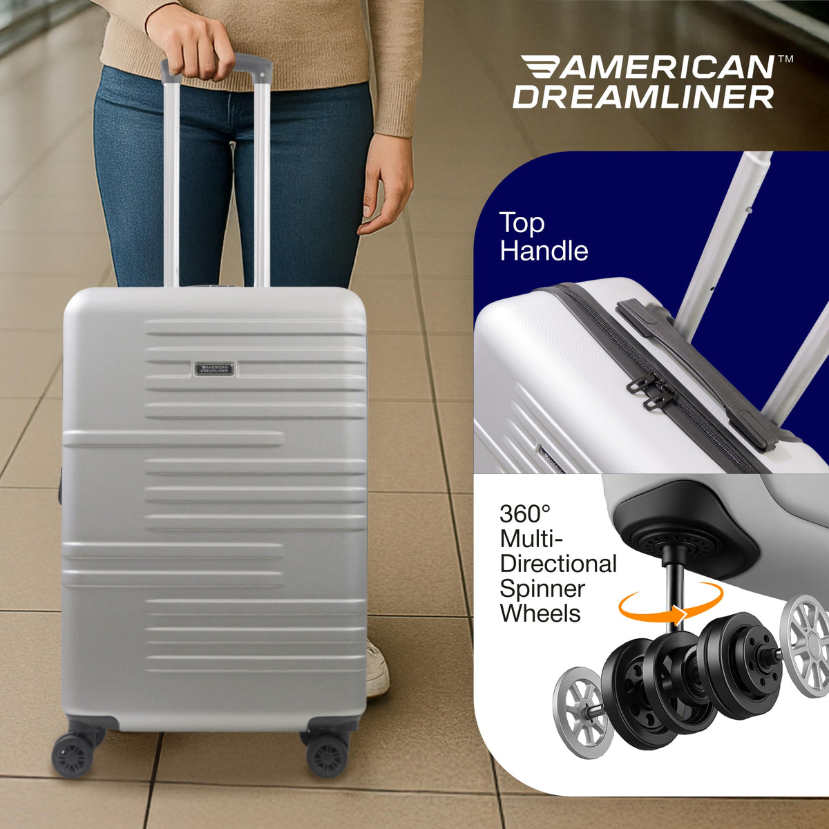 American Dreamliner 3 Piece Set Rolling Luggage, Hardshell Suitcases with Spinner Wheels, 22.5, 26.5, and 30 Inch, Silver Grey