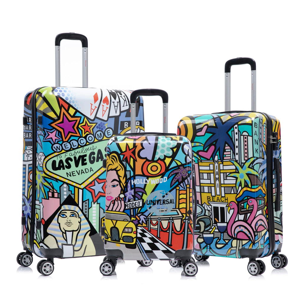 InUSA Cities Print Luggage with Spinner Wheels | Durable Lightweight Hardside Suitcase | Travel Bag with Handle and Trolley | (20in, 24in, 28in) 3 Piece Set