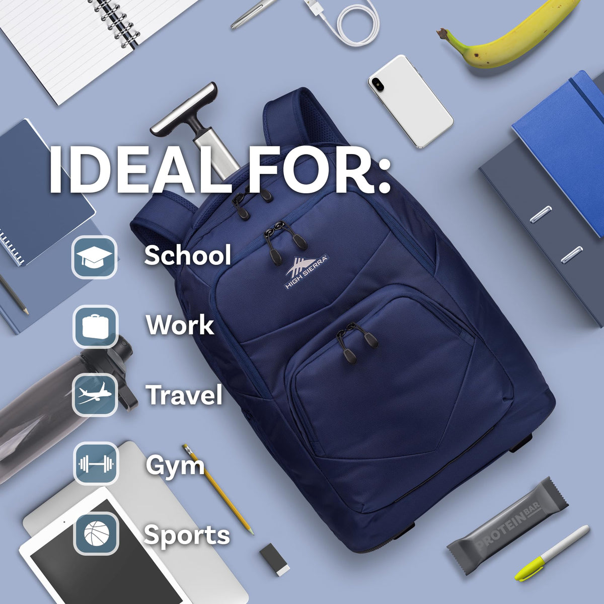 High Sierra Freewheel Pro Wheeled Laptop Backpack Bookbag for Travel or Work with Rotating Handle and Padded Laptop Sleeve, True Navy
