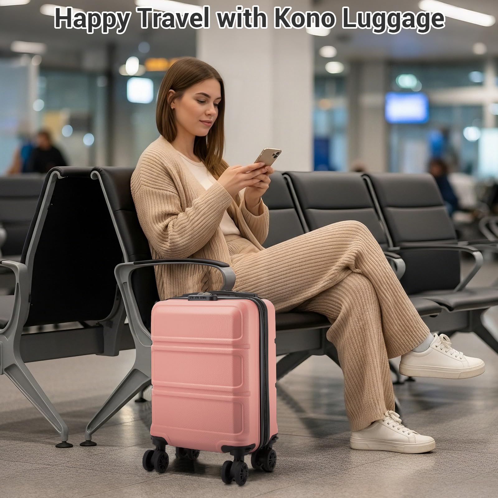 Kono 15'' Underseat Carry On Luggage Airline Approved, Anti-Scratch PC+ABS Hardshell Carry on Suitcase with Smooth Spinner Wheel, Lightweight Overnight Carry on for Short Travel, Nude/Rose Pink
