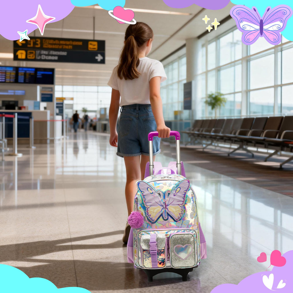 Meetbelify Butterfly Rolling Backpack for Girls Backpack with Wheels for Elementary Student Kids Luggage Travel Suitcase for Girls Ages 6-8