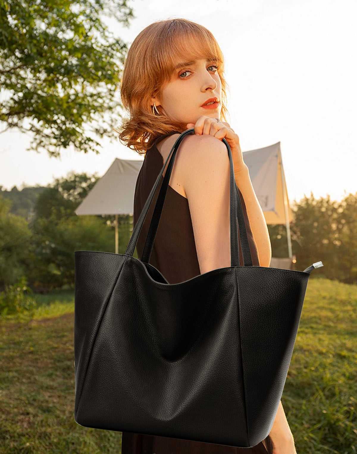 KALIDI Large Tote Bag Vegan Leather Casual Zipper Work Bag Weekender Hobo for Women 24L Oversize Shoulder Travel Purse