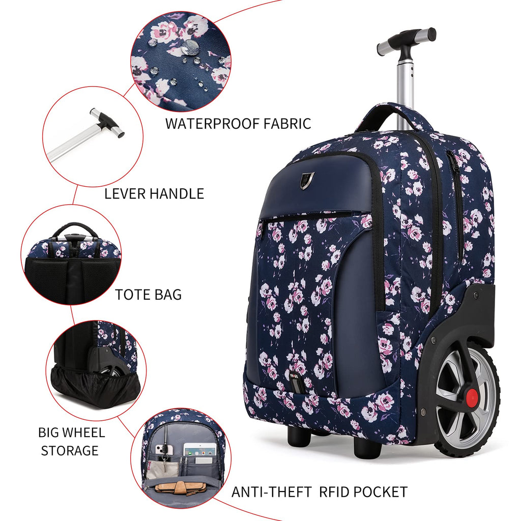 GOTECH Rolling Backpack,Waterproof Backpack with Wheels for Business and Travel Commuter, Carry on Backpack with Laptop Compartment, Fit 17 Inch Laptop, Wheeled Backpack for Adults
