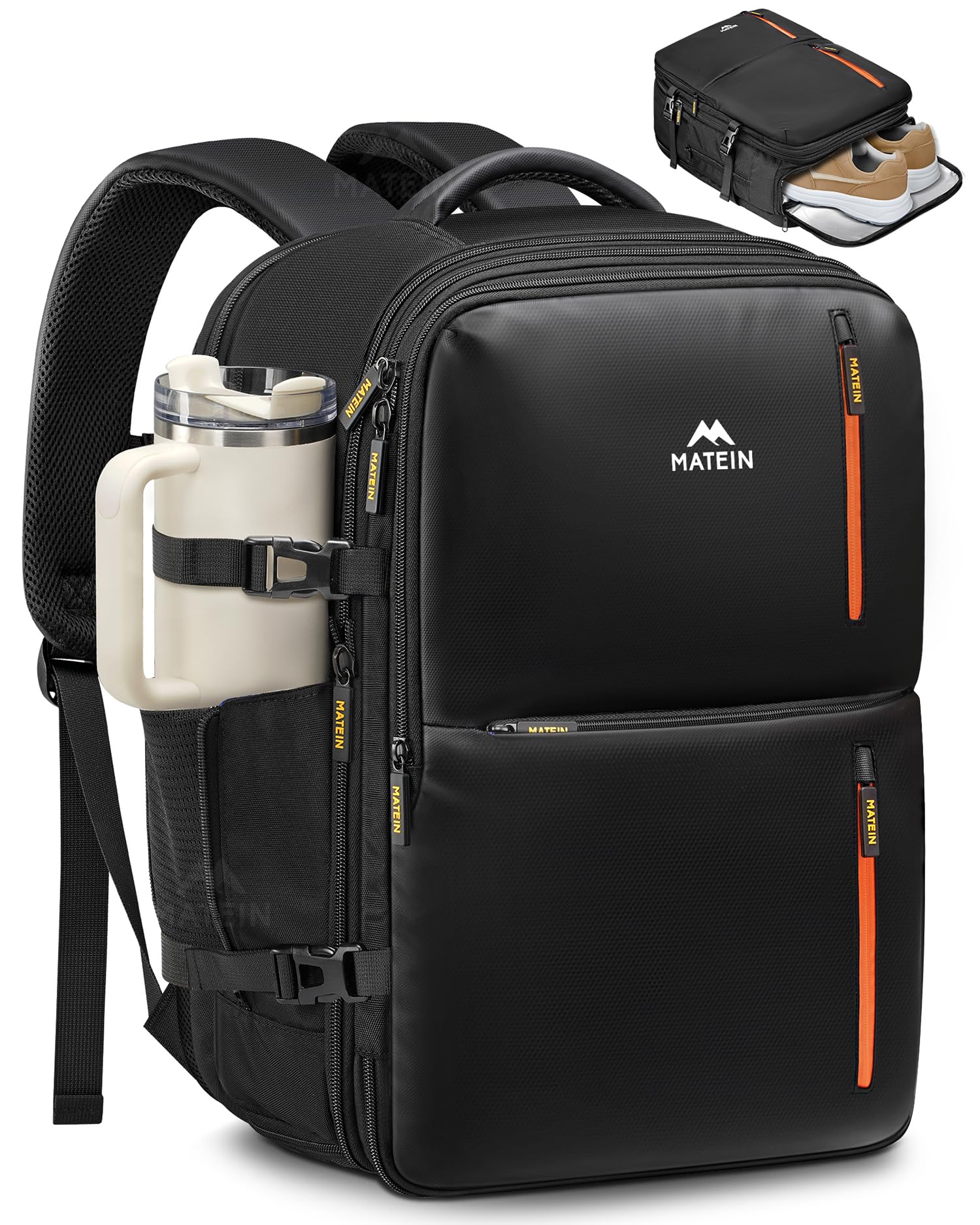 MATEIN Personal Item Travel Backpack 18x14x8 with Shoe Compartment Detachable, Expandable Underseat Backpack for Spirit Airlines Fit 17" Laptop, Airplane Approved Carry on Bag Luggage Mochila, Black