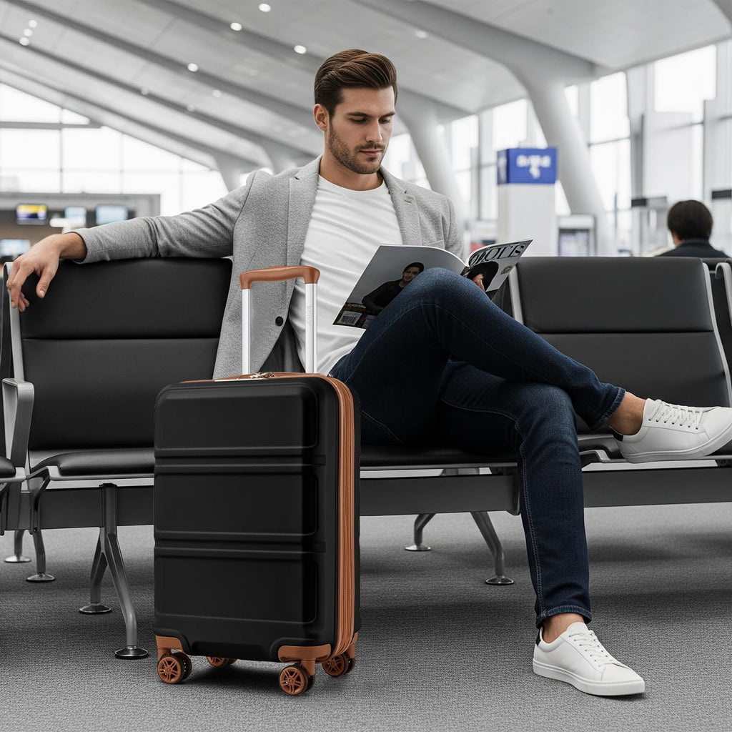 Kono Carry On Luggage 22x14x9 Airline Approved with Spinner Wheels,Lightweight PC+ABS 20 Inch Luggage with TSA Lock,Expandable Hard Shell Carry On Suitcases for Men Women,Black/Brown